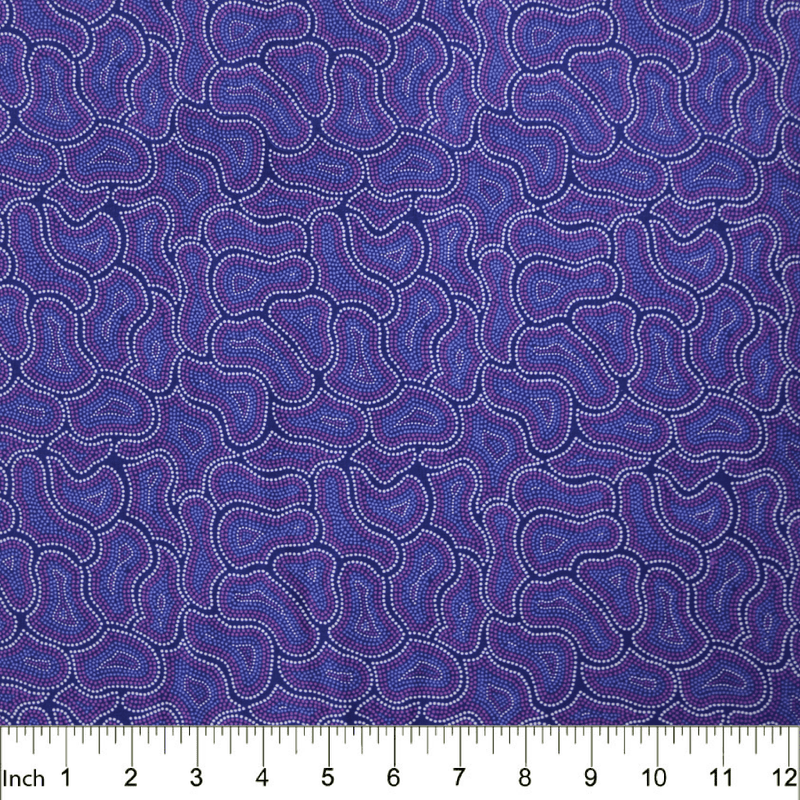 Irregular blobs made up of concentric lines of tiny dots (blue, pink, white) on a dark blue background (overall color impression is purple)