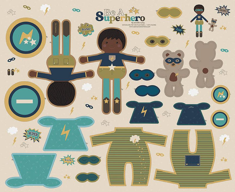 Be a Superhero - Be a Superhero Brave Panel - Black Hair - Blue and Green - Jennifer Long - Hummingbird Lane Fabrics and Notions