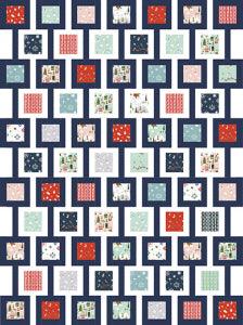 Rectangular quilt made up of rows of offset squares in various colors and patterns, each within a larger square of either white or dark gray (alternating by row). Each white or  gray square is connected to the square of the same color (two rows below) by a strip of the same fabric (white or gray), to look like a chain link