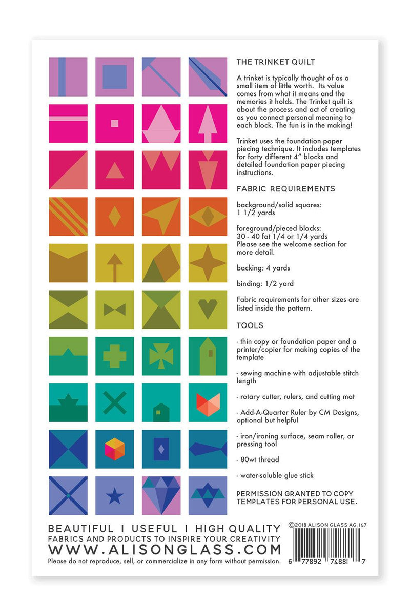 PREORDER - Trinket Quilt Pattern - 2nd Edition - Alison Glass - Hummingbird Lane Fabrics and Notions