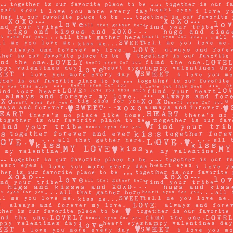 Pink text in varying sizes (love and valentine related words and phrases) with occasional pink hearts on a red background