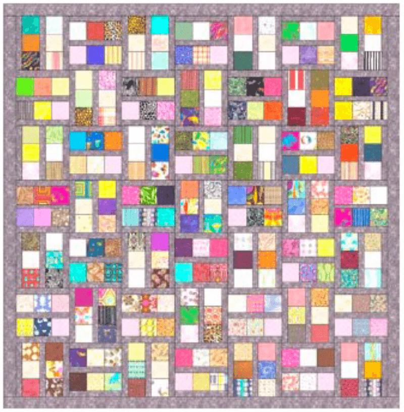 Square quilt made up of groups of 6 small squares arranged in 2 parallel lines